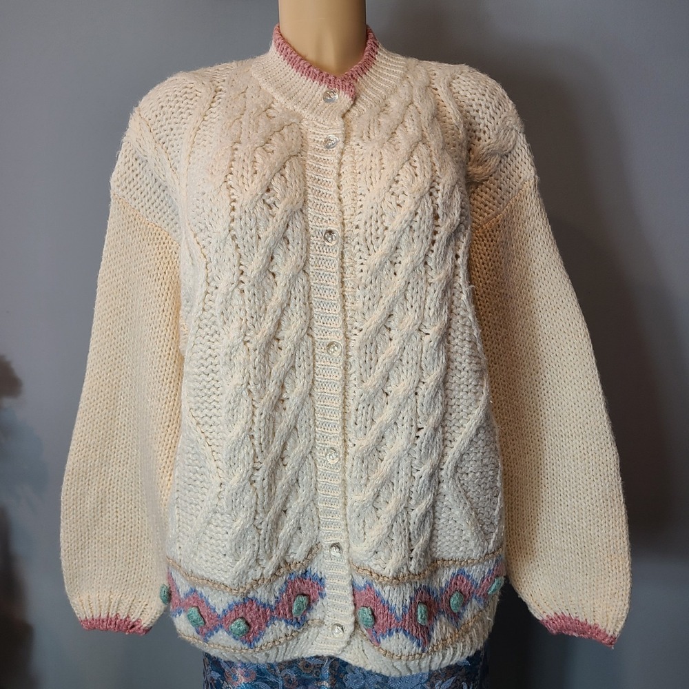 Chunky Cottage Sweater Vintage 90s Cardigan Art Pastel Oversized‎ Cable Knit L
